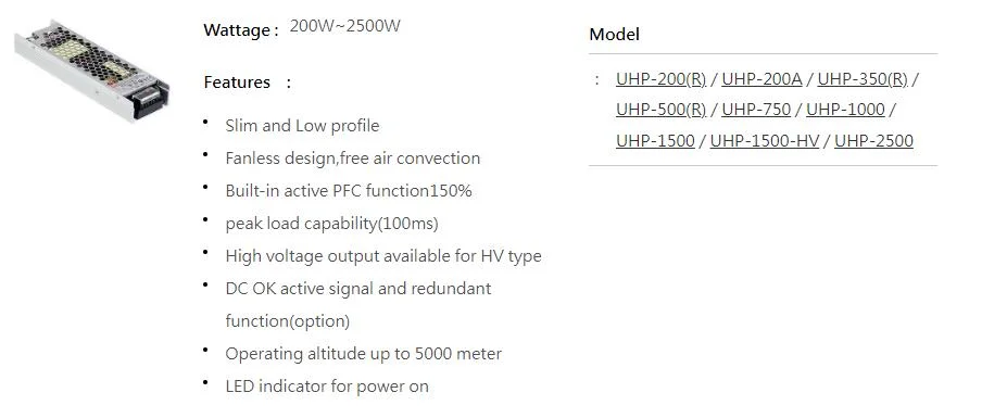 Meanwell UHP Series 200W-2500W Short Circuit Overload Conduction Cooling AC DC Configurable Power Supplies Adapter